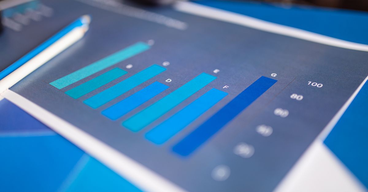 Close-up of a blue bar chart on paper, representing remote job market trend data